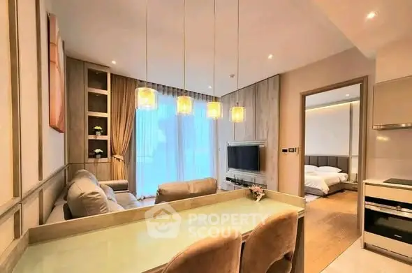 Modern open-layout living room with stylish decor and cozy ambiance