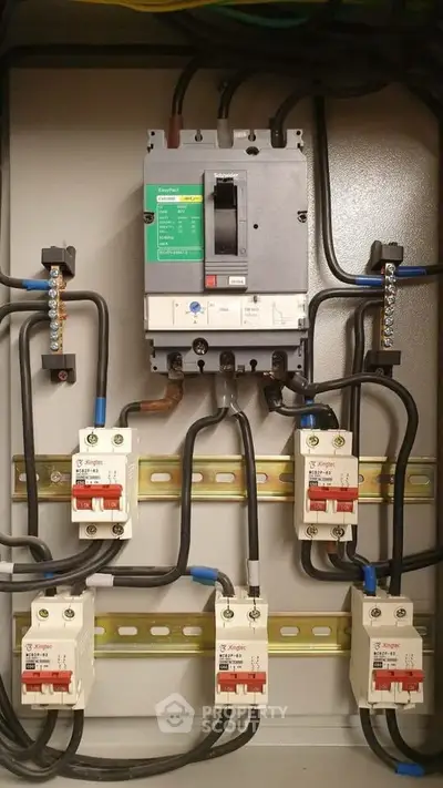 Electrical panel with circuit breakers in a real estate property, showcasing modern wiring and safety features.