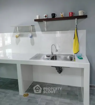 Modern kitchen with sleek sink and stylish shelving