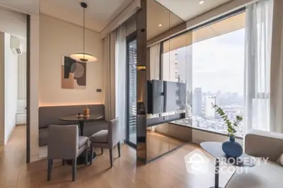 Chic modern living room with floor-to-ceiling windows offering a panoramic city view, complemented by sleek furniture and tasteful decor.