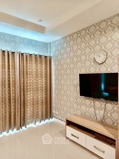 Stylish living room with elegant wallpaper and modern TV setup