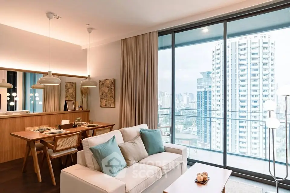Luxurious living room with stunning city view and elegant dining area in modern apartment.