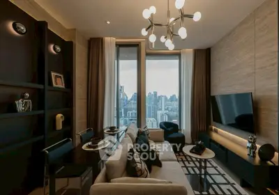 Luxurious modern living room with city view and elegant decor