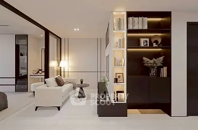 Modern living room with elegant decor and built-in shelving