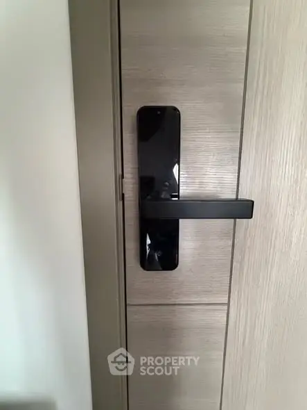 Modern door handle on sleek wooden door, showcasing contemporary design and security features.