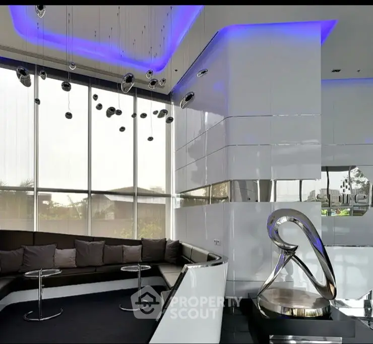 Luxurious modern living room with sleek design and ambient lighting