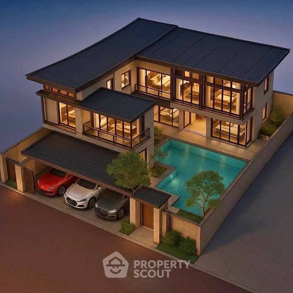 Luxurious modern home with pool and garage, showcasing elegant architecture and spacious design.