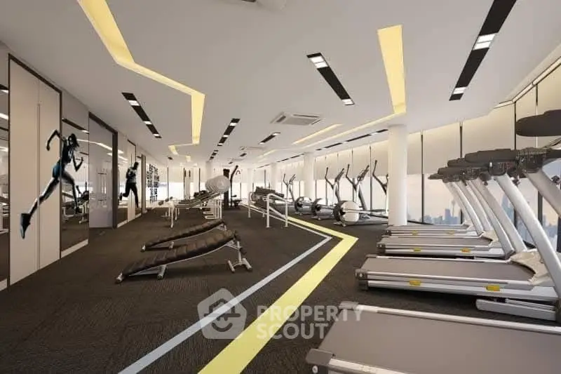 Modern gym with state-of-the-art equipment and sleek design in luxury residential building.