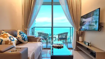 Luxurious living room with stunning ocean view and modern decor