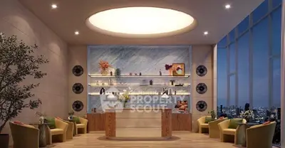 Luxurious modern living room with city view, elegant decor, and ambient lighting.
