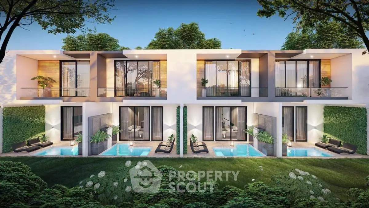 Luxurious modern duplex with private pools and lush garden view