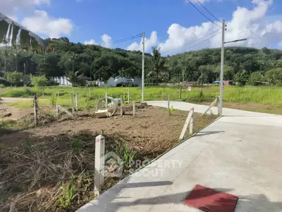 Scenic land plot with paved road access and lush greenery, ideal for development.