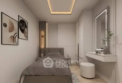 Modern bedroom with stylish decor and ambient lighting