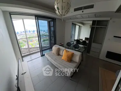 Modern living room with city view and stylish decor