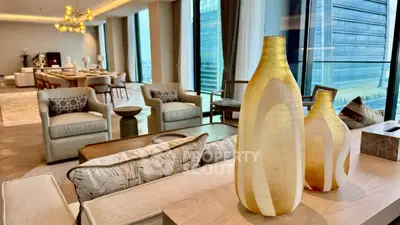 Luxurious modern living room with elegant decor and stunning city view