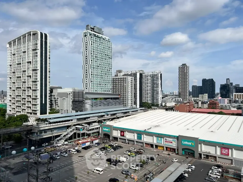 Stunning cityscape view showcasing modern high-rise buildings and a bustling shopping center.