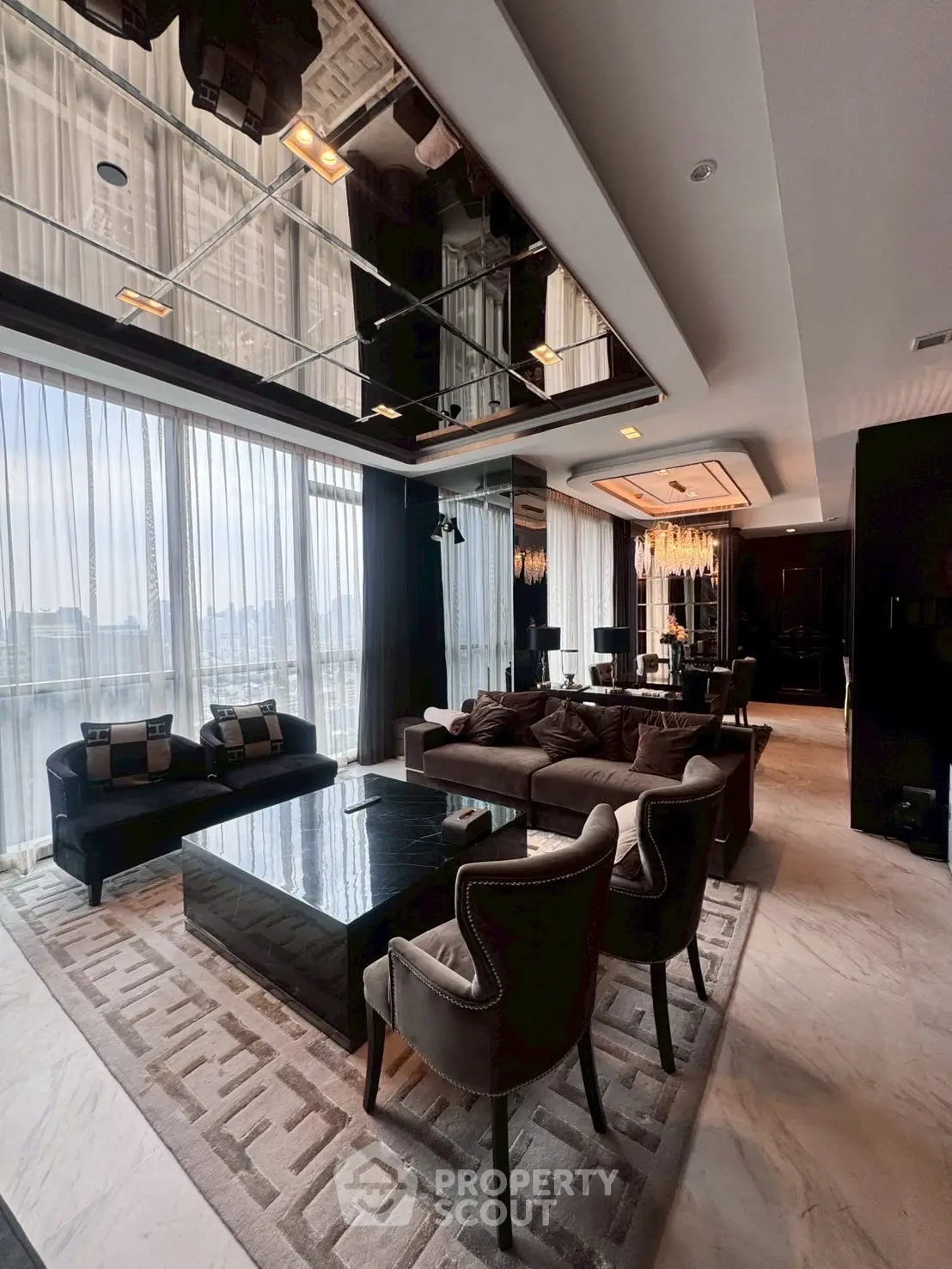 Luxurious living room with elegant decor and panoramic city views