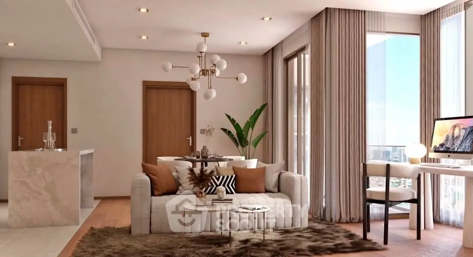 Luxurious modern living room with elegant decor and stunning city view