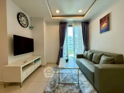 Modern living room with stylish decor and large window view