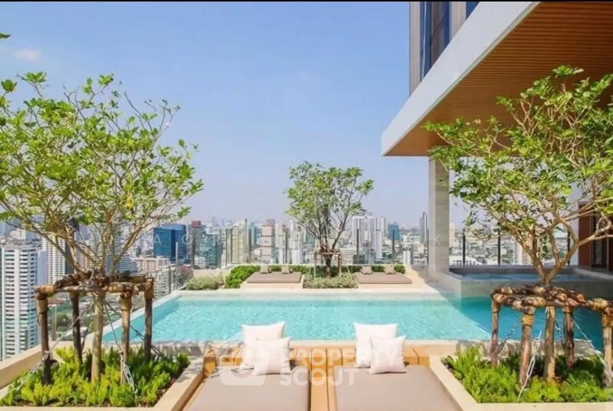 Luxurious rooftop pool with stunning city skyline view and lush greenery.