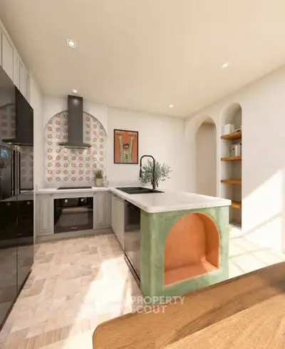 Chic modern kitchen with stylish island and open layout, featuring unique tile backsplash and sleek appliances.