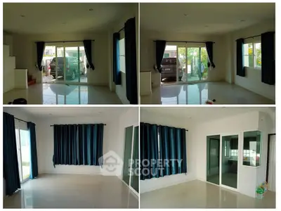 Spacious living room with large windows and modern design, perfect for natural light and comfort.