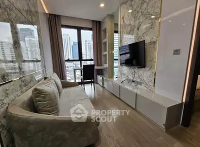Modern living room with city view, marble walls, and sleek furniture in a high-rise apartment.