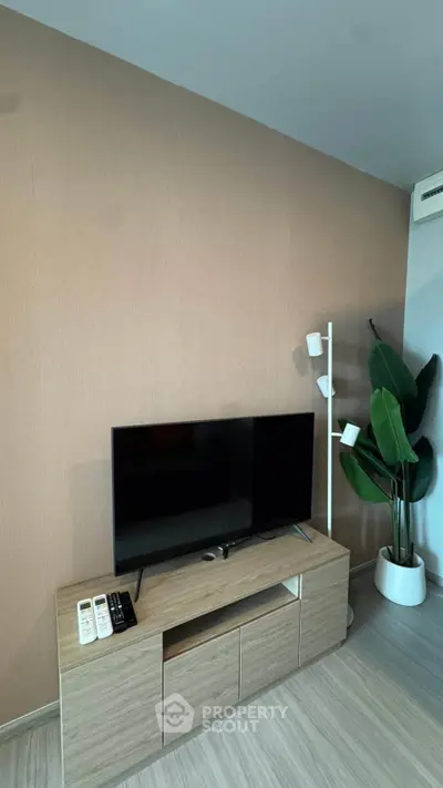 Modern living room with sleek TV stand and stylish decor