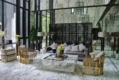 Luxurious modern living room with marble floors and stylish furniture