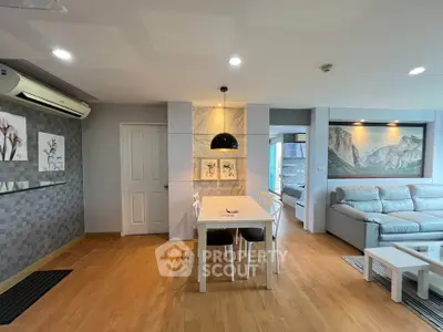 Modern living room with stylish decor and open layout, featuring a cozy seating area and dining space.