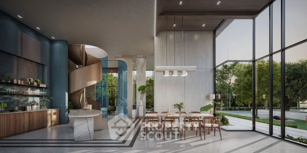 Luxurious modern dining area with floor-to-ceiling windows and elegant spiral staircase.