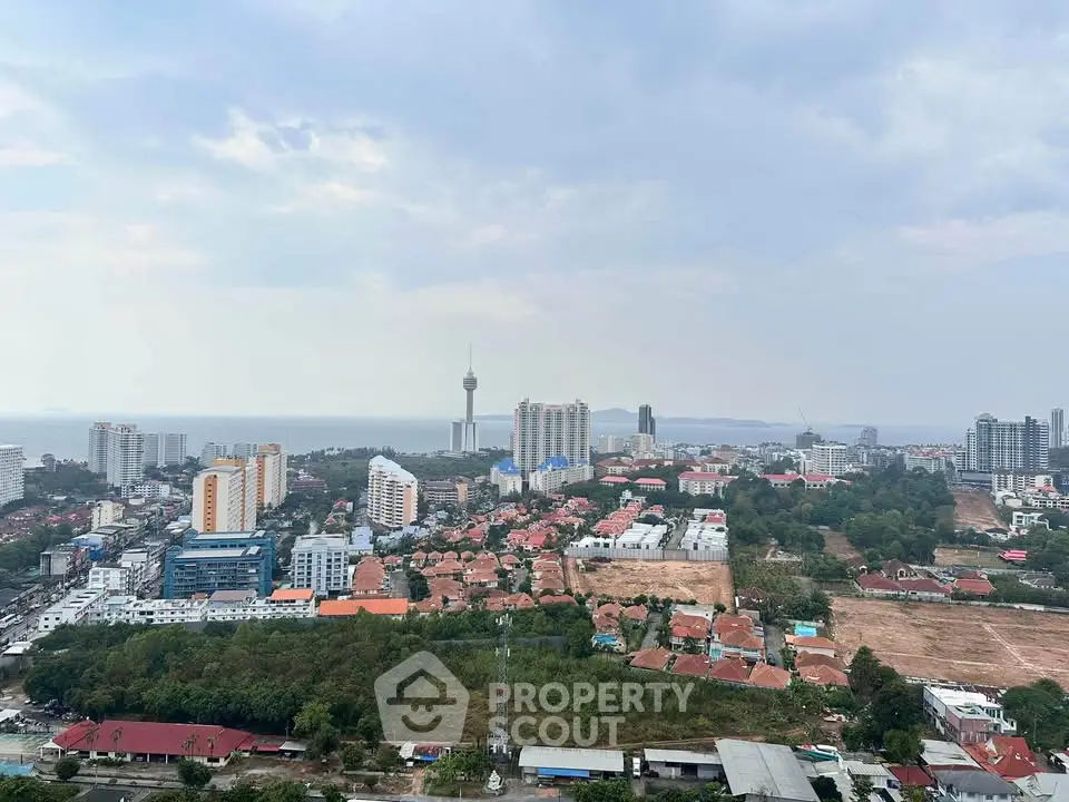 Stunning cityscape view from high-rise building showcasing urban skyline and distant ocean horizon.