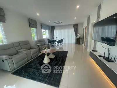 Spacious modern living room with sleek furniture and large windows for natural light.