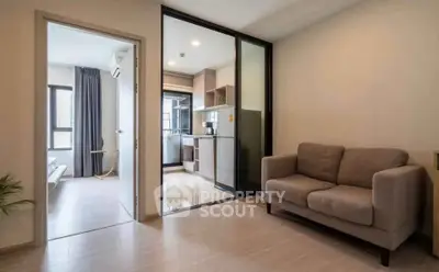 Modern apartment interior with cozy living room and sleek kitchen design