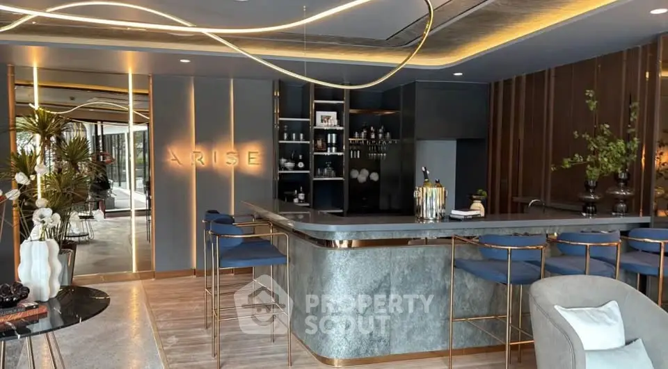 Luxurious modern living room with stylish bar area and elegant lighting