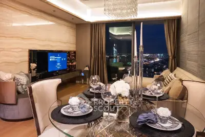 Luxurious living room with city view, elegant dining setup, and modern decor