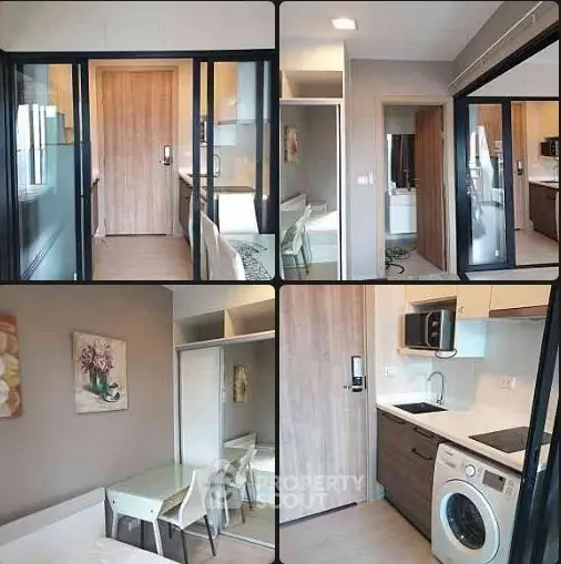 Modern apartment interior with kitchen and washing machine, featuring sleek design and glass doors.