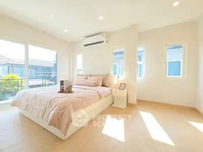 Bright and airy bedroom with large windows and modern decor in a stylish home.