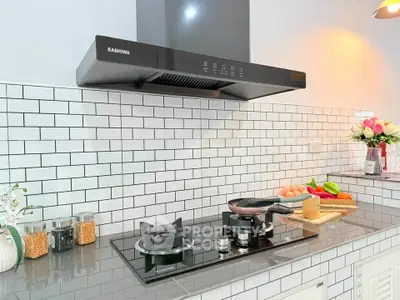 Modern kitchen with sleek gas stove and stylish backsplash