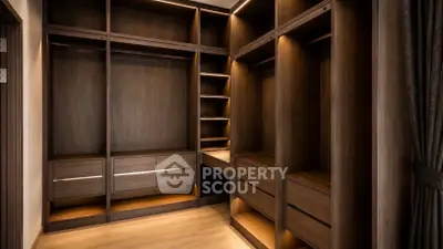 Luxurious walk-in closet with elegant wooden finishes and ample storage space.