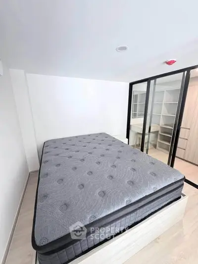 Modern bedroom with spacious walk-in closet and sleek sliding doors