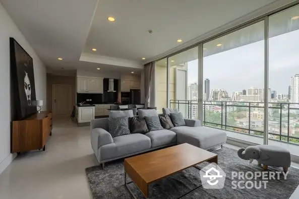 Luxurious modern living room with panoramic city view and elegant decor