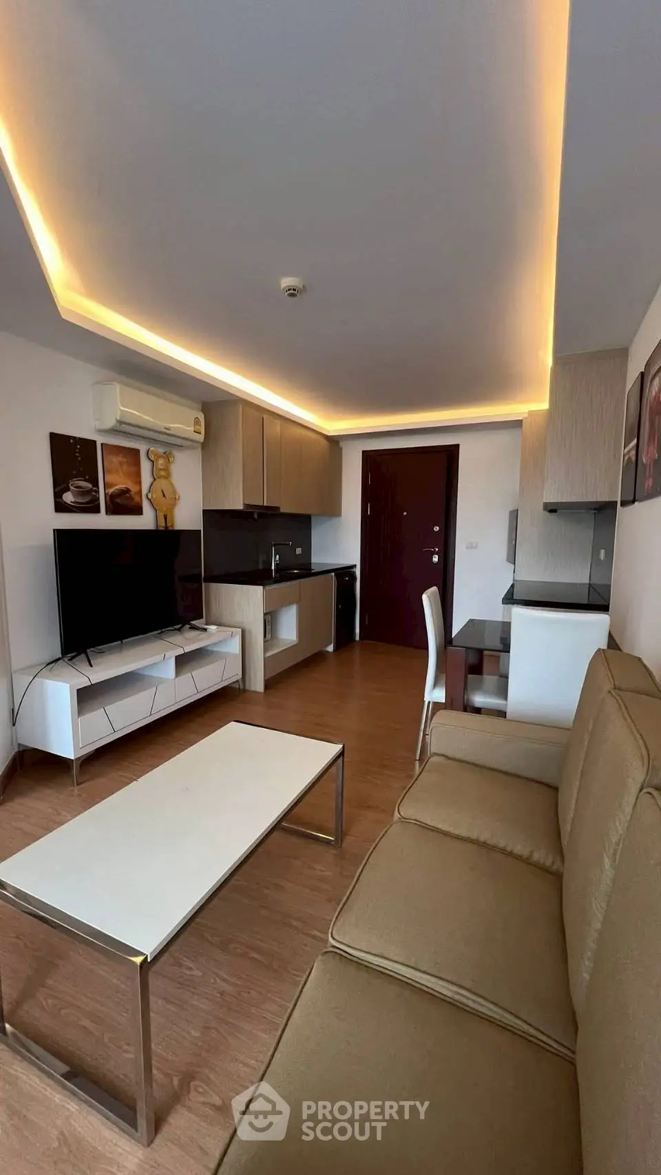 Modern living room with stylish furniture and ambient lighting