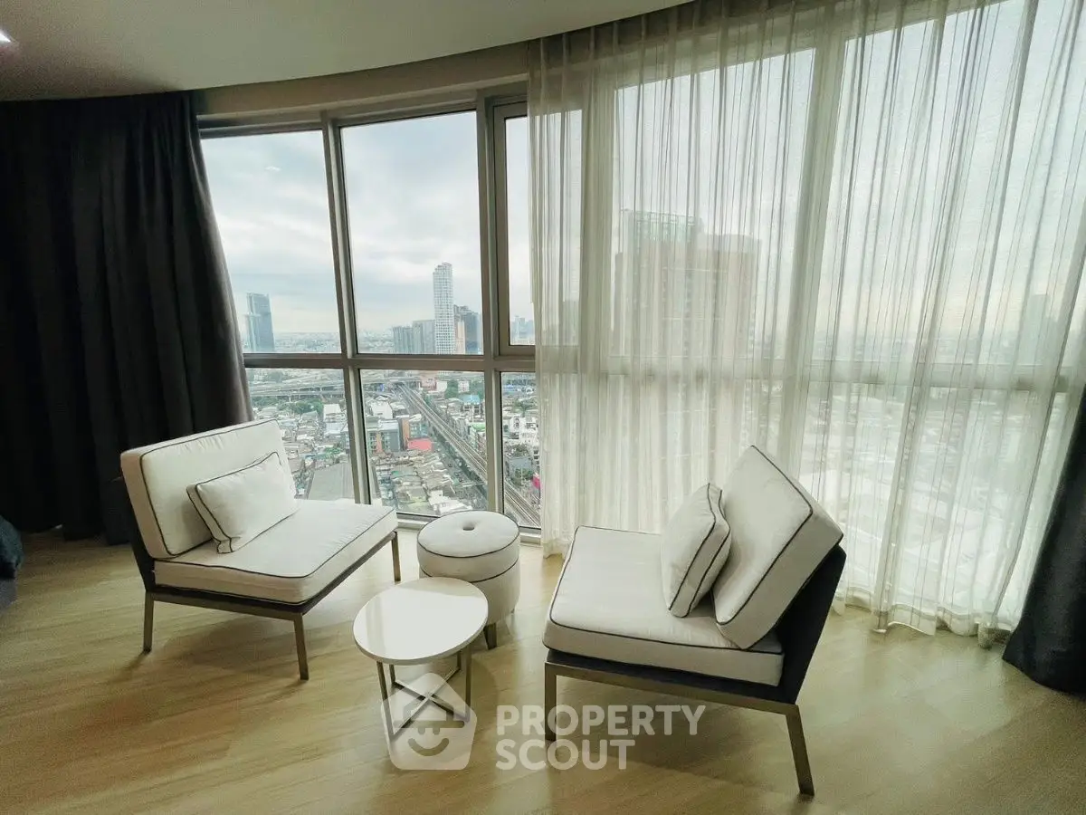 Stunning high-rise living room with panoramic city views and modern furniture.