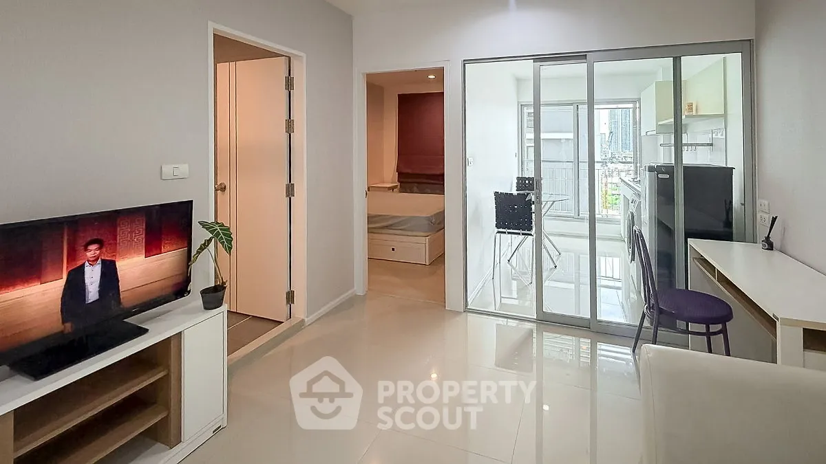Modern apartment interior with open layout and city view