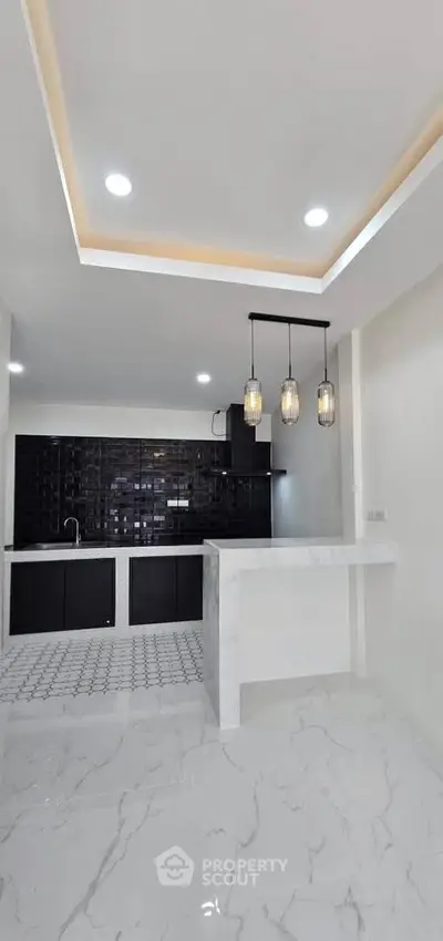 Modern kitchen with sleek black cabinetry and stylish pendant lighting
