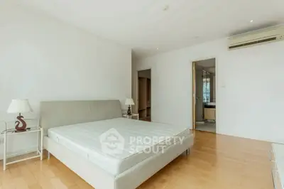 Spacious bedroom with modern design and natural light, featuring a comfortable bed and sleek wooden flooring.