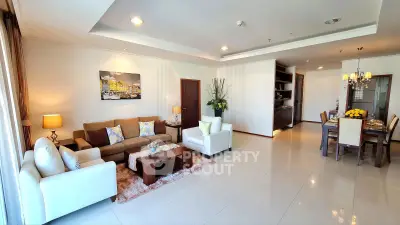Spacious modern living room with elegant dining area and stylish decor