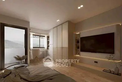 Modern bedroom with large TV and balcony view, featuring sleek design and natural lighting.