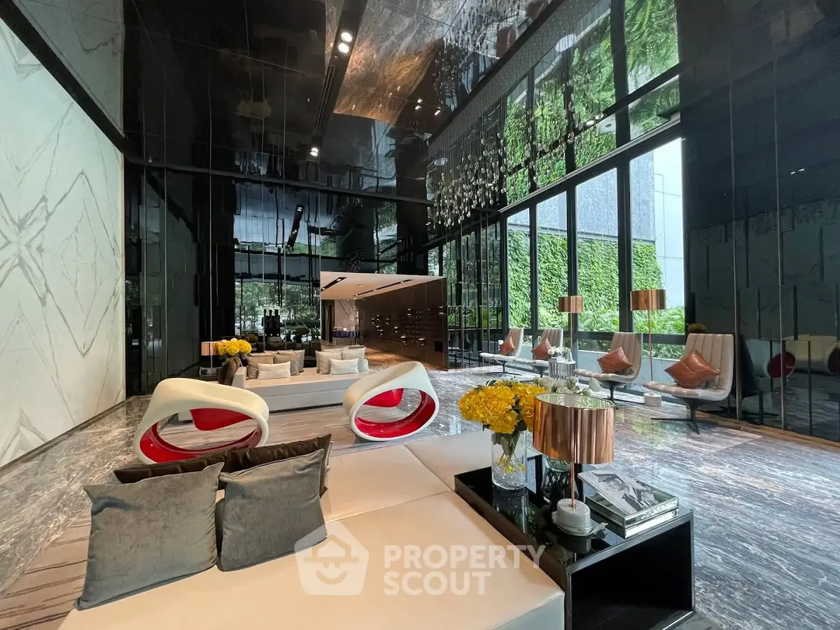 Luxurious modern living room with high ceilings and elegant decor